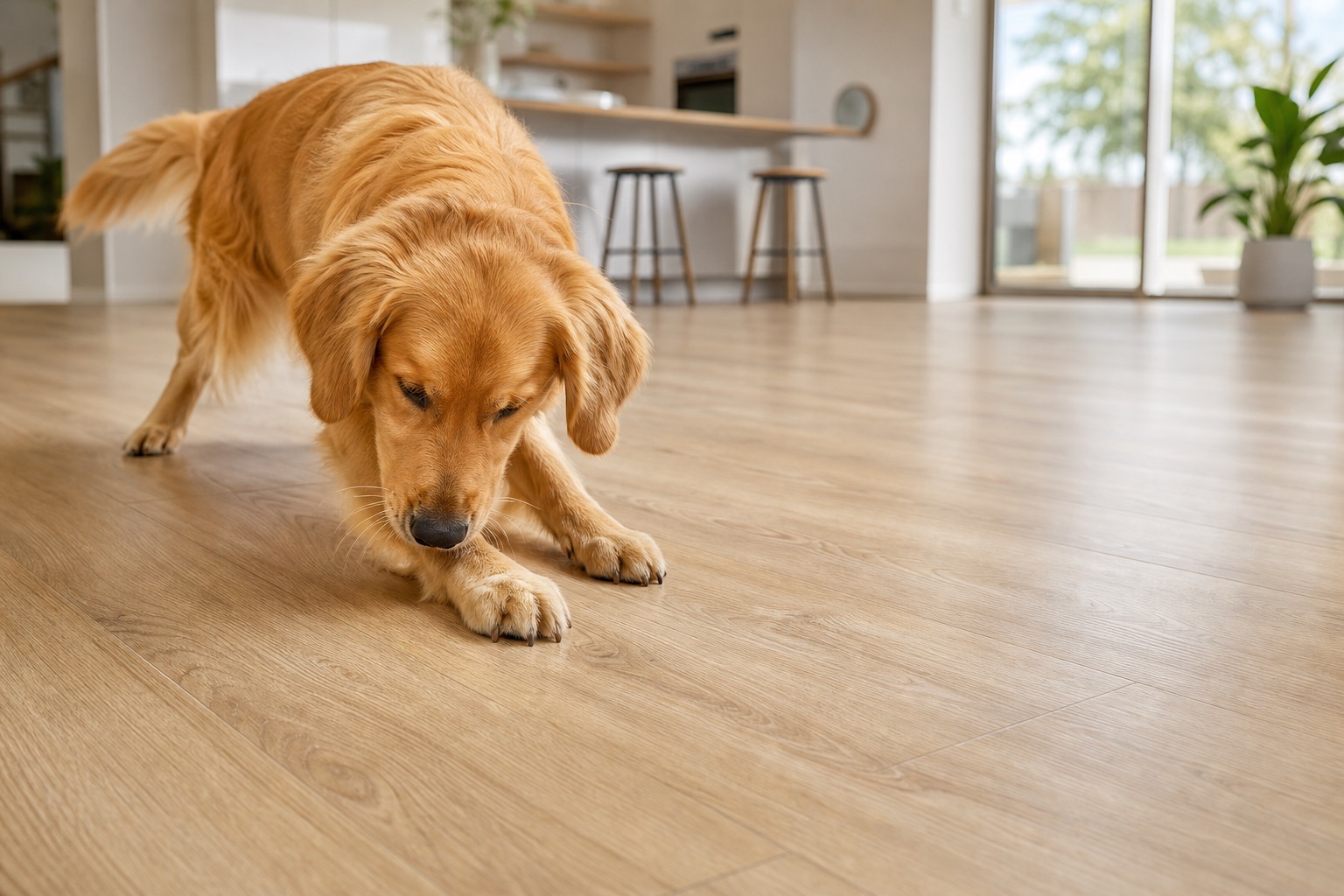 Dog scratching a wear-resistant SPC floor with its front paw