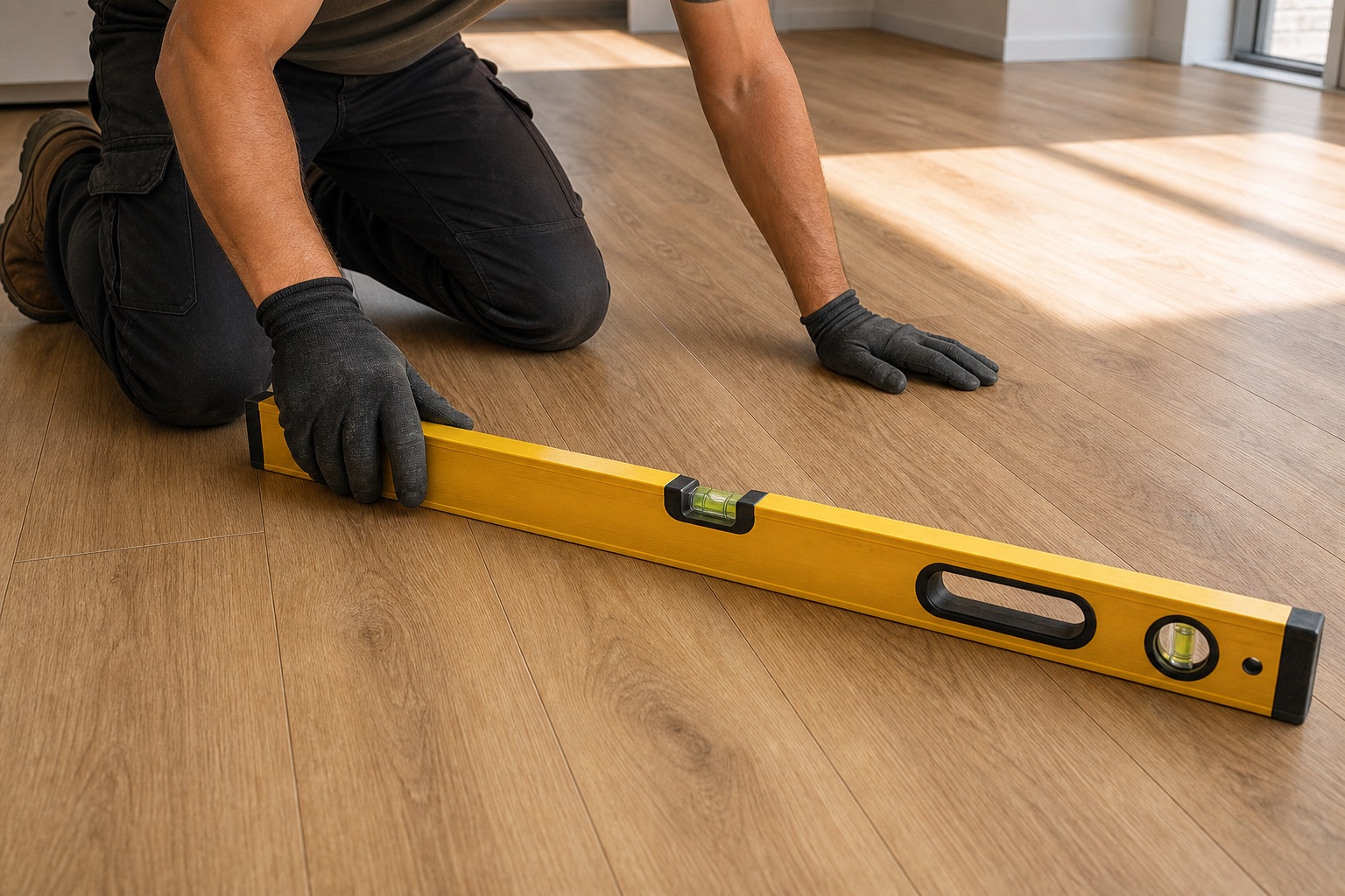 Flooring installer checking SPC planks with a spirit level