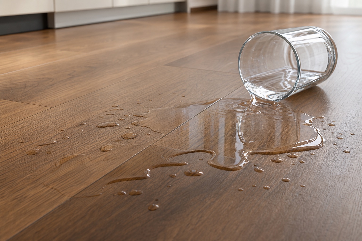 Water spilling from a glass onto waterproof SPC flooring